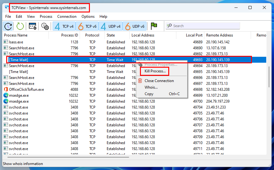 プロセスを強制終了する TCPView アプリ