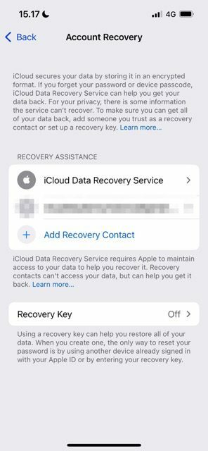 Opciones de recuperación de cuenta iOS