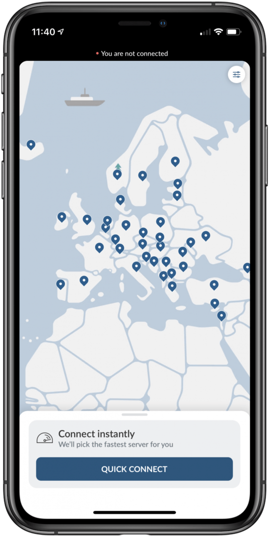 אפליקציית vpn: NordVPN היא אפליקציית VPN הטובה מסוגה עבור iOS ו- iPadOS. תמונה זו מציגה מפה של מיקומי השרת שלה