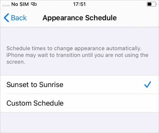 Karanlık mod iOS Gün Batımından Gün Doğumuna programı