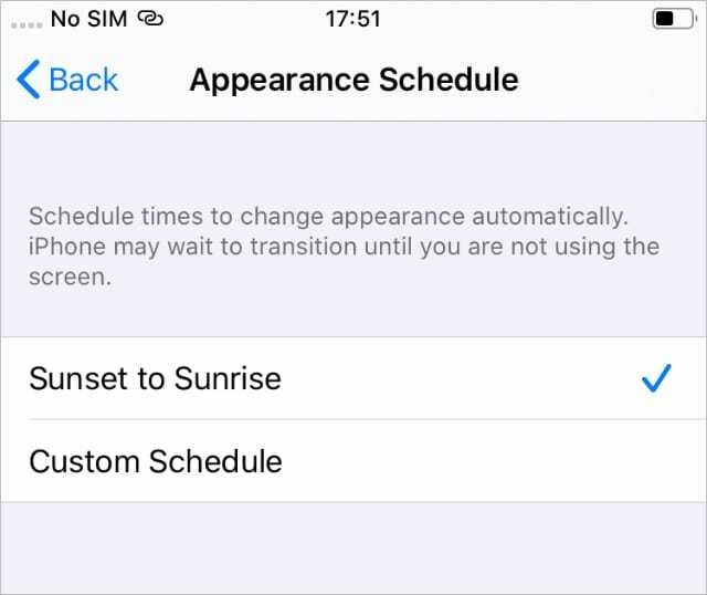 Sötét mód iOS Sunset to Sunrise ütemezése