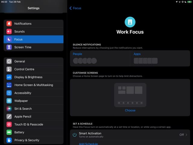 Ekraanipilt, mis näitab iPadOS-i tööfookuse režiimi kohandamise jaotist