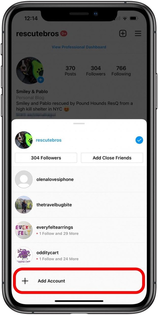 Galite pridėti naują Intagram paskyrą bakstelėdami pridėti paskyrą.