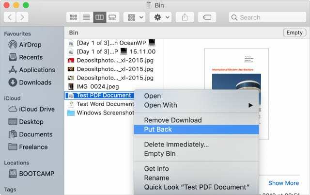 Mac의 휴지통에 있는 iCloud Drive 문서