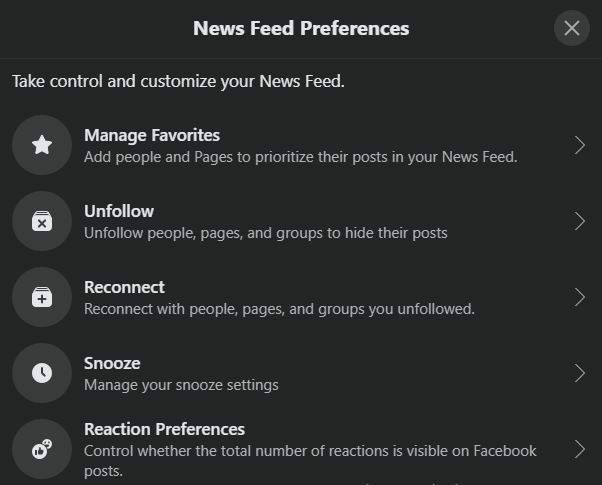 फेसबुक समाचार फ़ीड विकल्प
