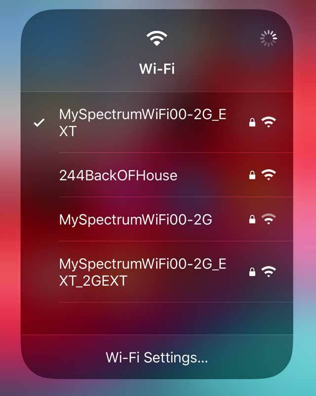 nabídka rychlé akce pro WiFi v Control Center iOS 13