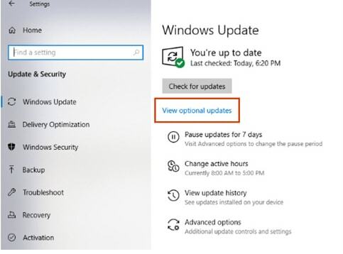 Opção do Windows Update para visualizar atualizações opcionais