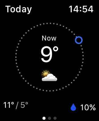 „Apple Watch“ pagrindinis „Weather Channel“ ekranas.