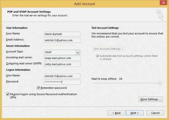 Outlook Yahoo Setări IMAP