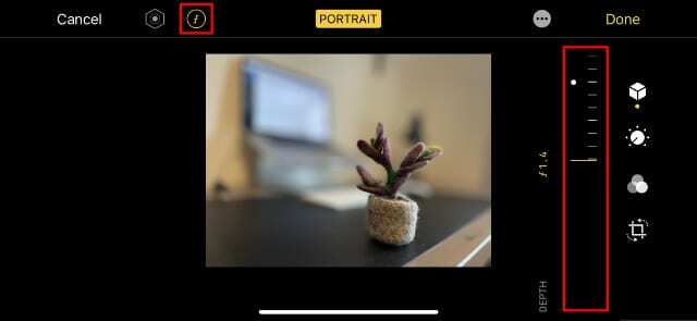 Urejanje nastavitev f-stop za portretno fotografijo na iPhoneu