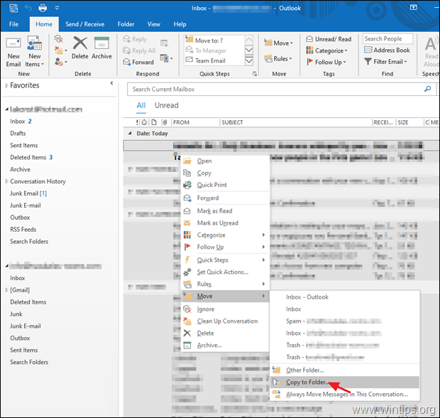 Come copiare o spostare e-mail IMAP o POP3 in Office 365