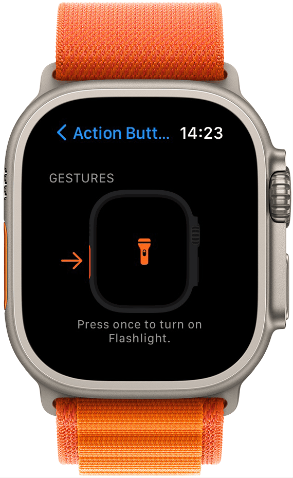 die Option, die Taschenlampen-App als meine Aktionsschaltfläche festzulegen