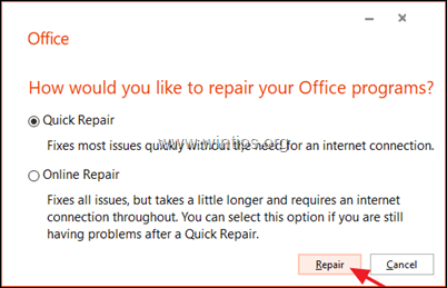 Greitas taisymas „Office 2016“ – „Office 2019“.