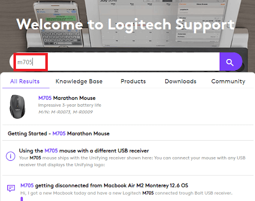 Buscar M705 en el sitio web oficial de Logitech