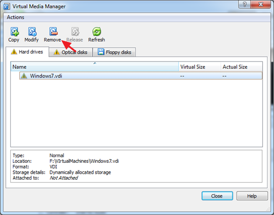 αφαιρέστε τον εικονικό σκληρό δίσκο που λείπει .vdi