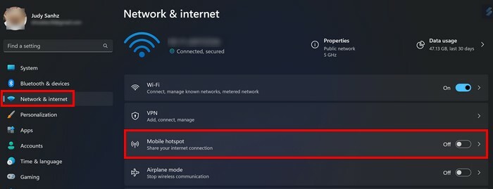 Opțiunea Hotspot mobil în setările Windows 11