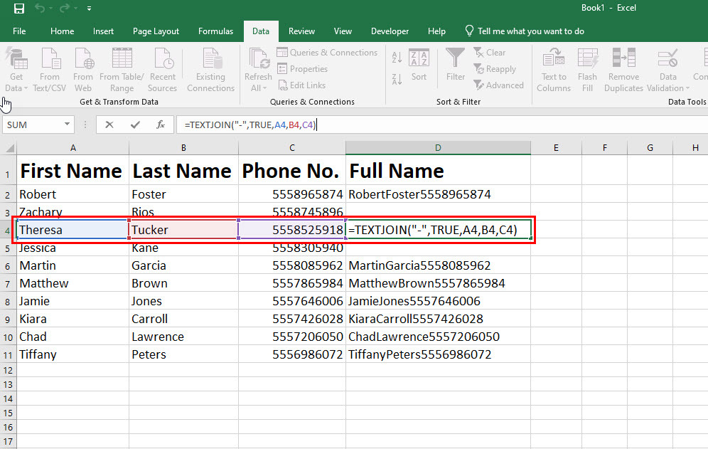 Sådan kombineres to kolonner i Excel Anvend TEXTJOIN-funktionen