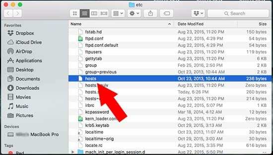 Datoteka gostiteljev v Finderju macOS