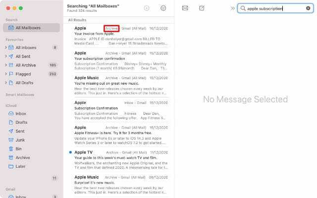 E-postsökning på Mac med markering av arkivresultat