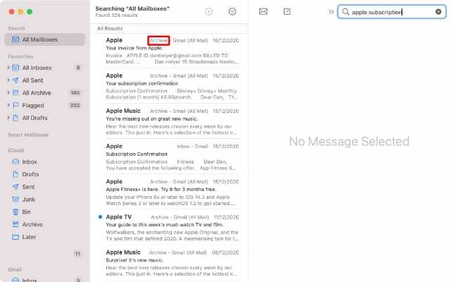 Iskanje po pošti na Macu, ki označuje rezultate arhiviranja