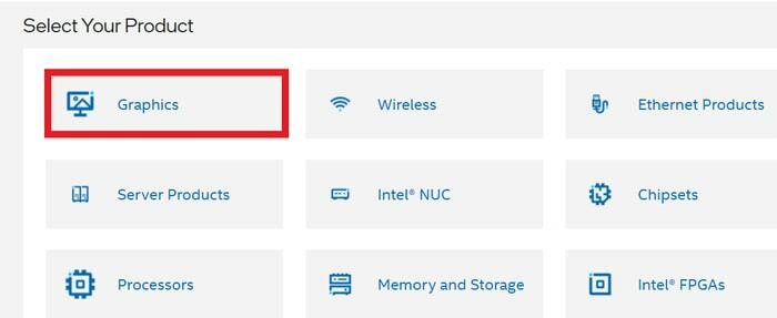 Intel ड्राइवर के लिए ग्राफ़िक्स उत्पाद चुनें