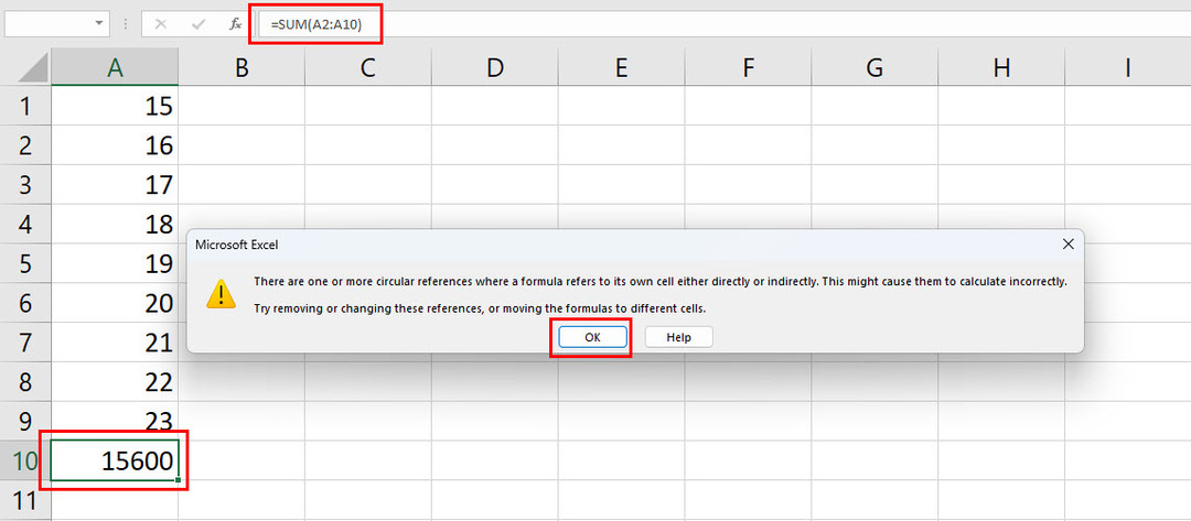 Referência circular não intencional no Excel