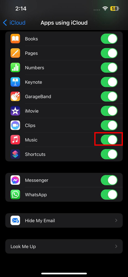Ieslēdziet un izslēdziet iCloud piekļuvi Apple Music lietotnei iPhone tālrunī