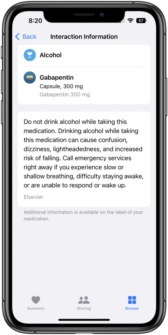 Tela de informações de interação do aplicativo de saúde para o medicamento gabapentina.