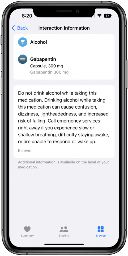 Екран са информацијама о интеракцији са апликацијом Хеалтх за лек габапентин.