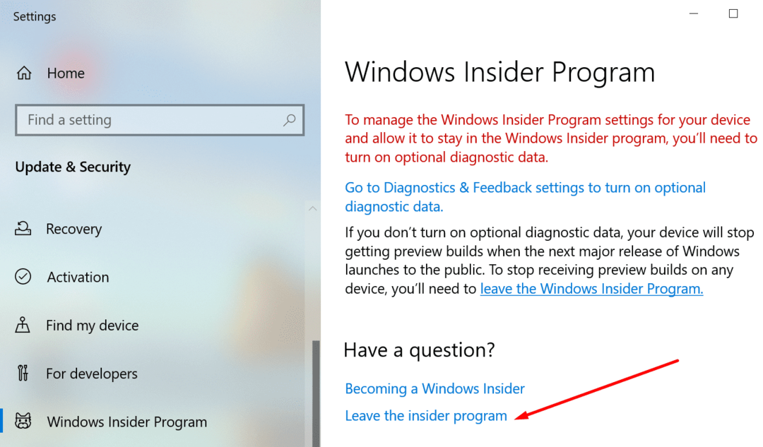 lascia il programma Windows Insider