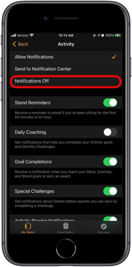 Disattiva tutte le notifiche di attività per risparmiare la batteria di Apple Watch