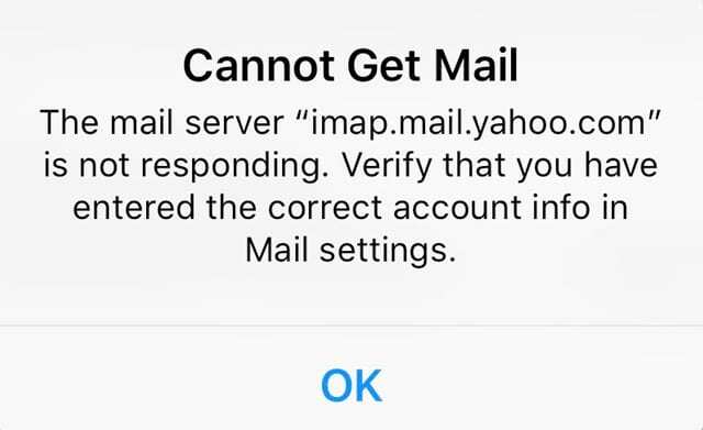 „iOS Mail App“ klaidos pranešimas pašto serveris nereaguoja