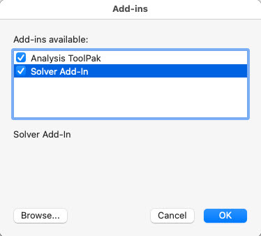 Kaip pridėti Solver prie „Excel“ sistemoje „Mac“, pažymėkite Solver priedą