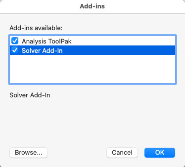 วิธีเพิ่ม Solver ลงใน Excel บน Mac ทำเครื่องหมายที่ส่วนเสริม Solver