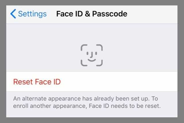 Настроен альтернативный вид. Сбросить Face ID