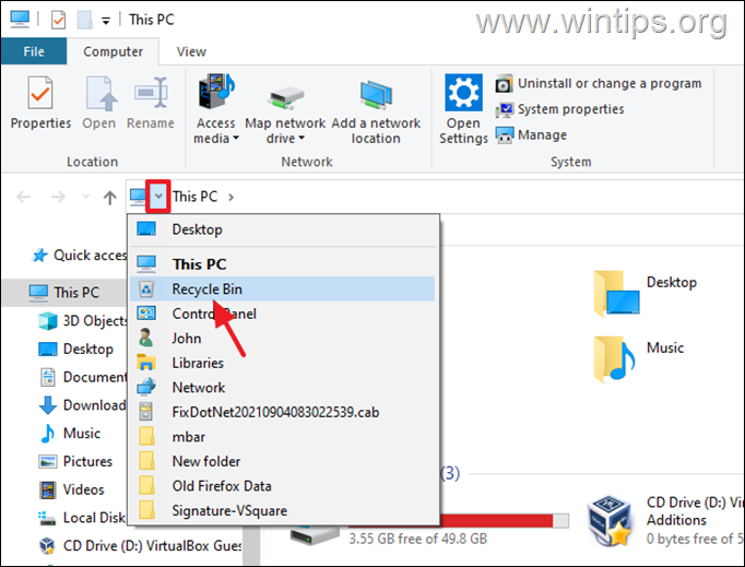 Deschideți Coșul de reciclare cu File Explorer