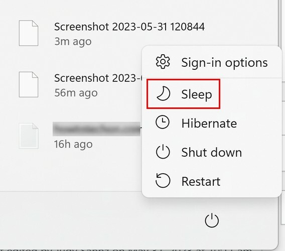 Opción de suspensión desde el botón Inicio de Windows 11
