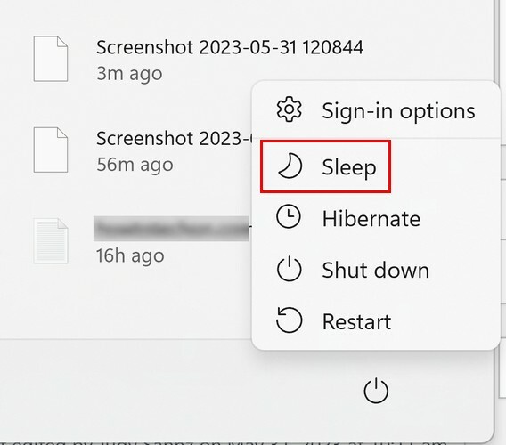 Slaapoptie via de Windows 11 Start-knop