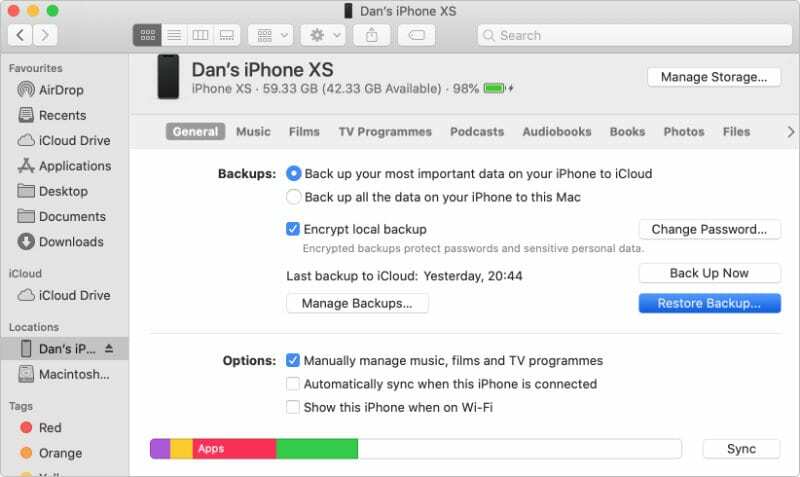 macOS Finder iPhone Restore Backup opcijas