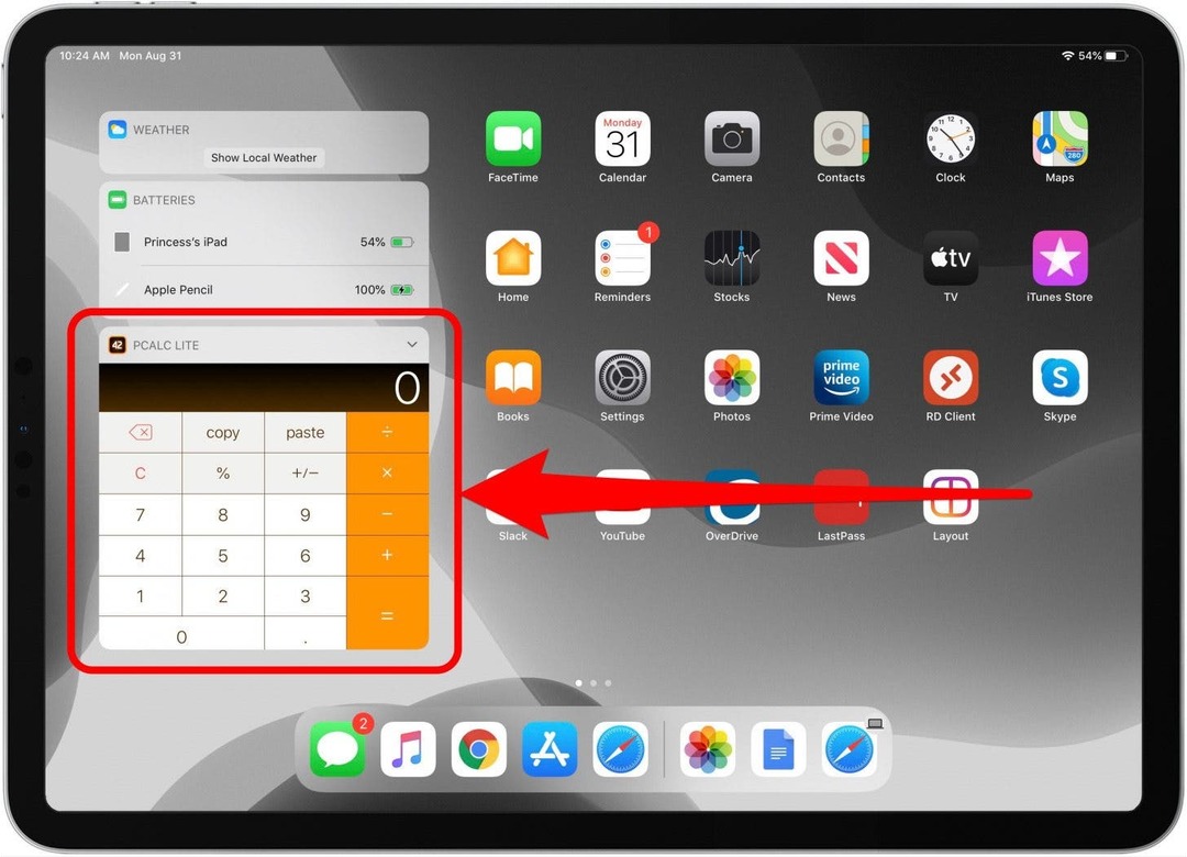 iPad számológép: PCalc számológép widget, amely az iPad Today nézetben látható