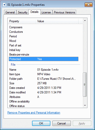 Propriétés du fichier Win7 et champ protégé