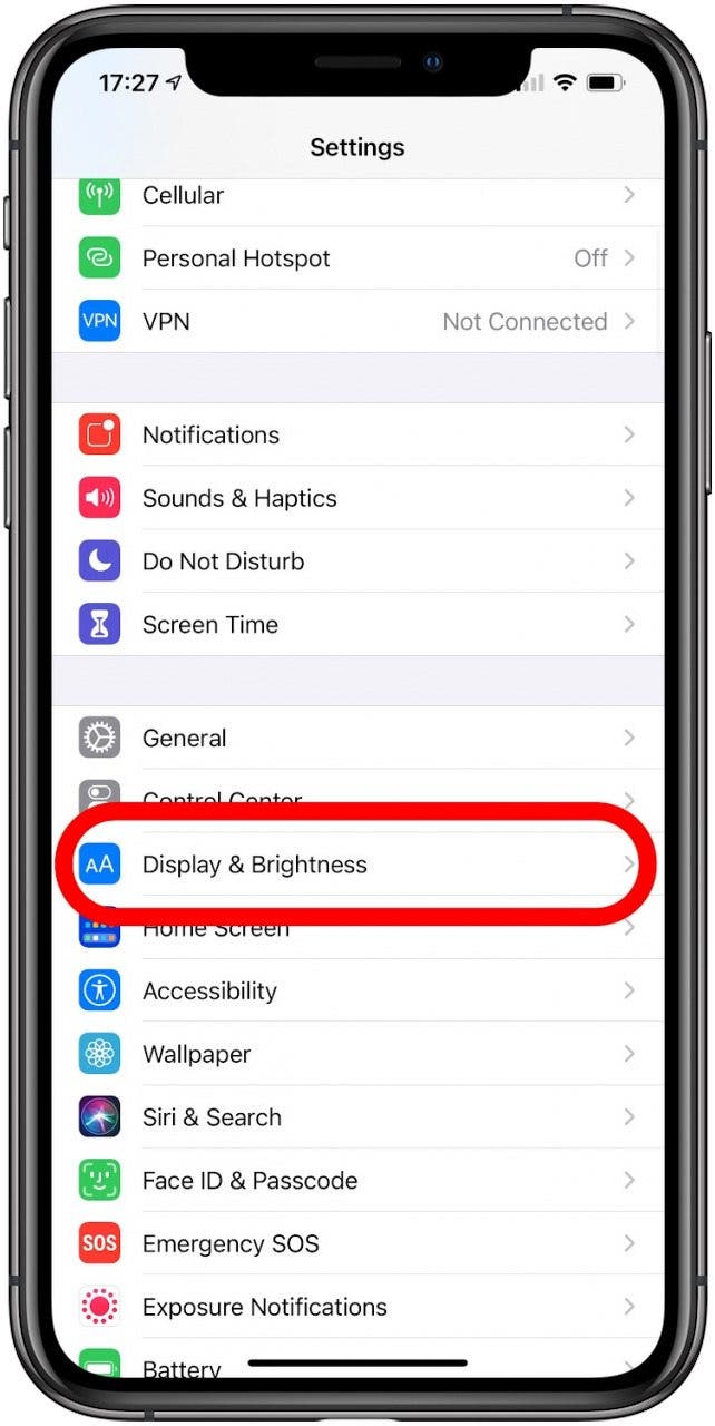 Odaberite Display & Brightness - iphone x home tipka