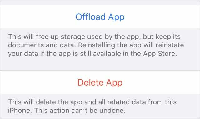 Бутони за разтоварване и изтриване на приложението от настройките за съхранение на iPhone