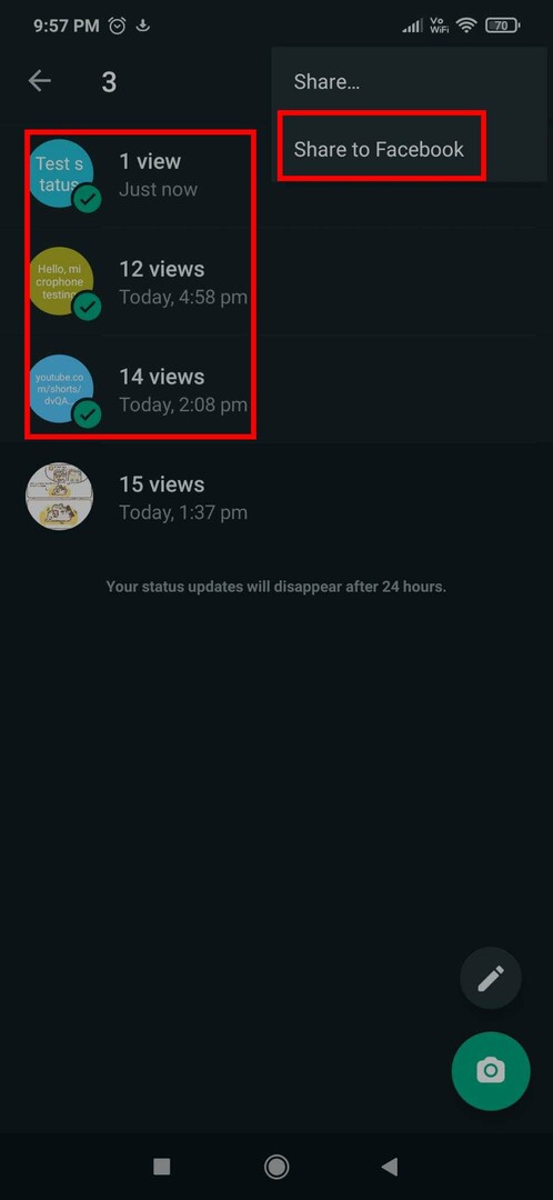 Ekrānuzņēmums par to, kā kopīgot WhatsApp statusu pakalpojumā Facebook Story vairākiem statusiem