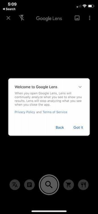 Google Lens på iPhone velkomstskjerm