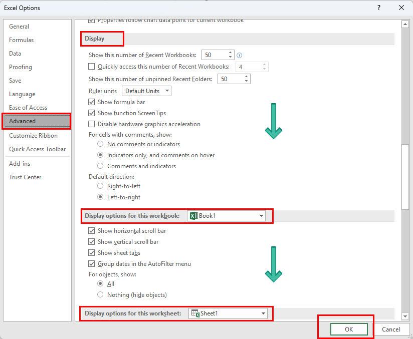 Ativando a barra de status nas opções do Excel em determinadas edições do aplicativo de área de trabalho do Excel