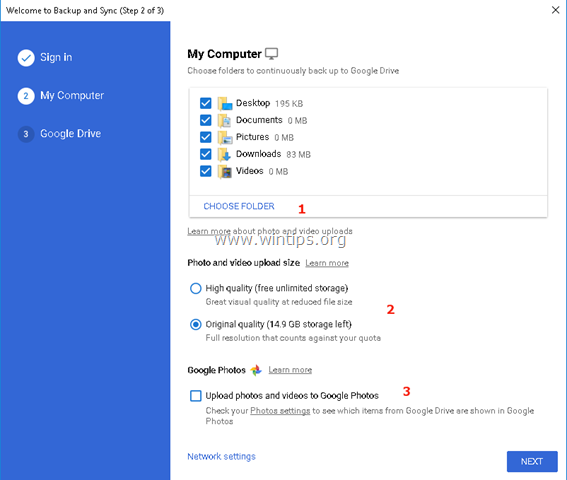 Configuración de la computadora de sincronización y copia de seguridad de Google