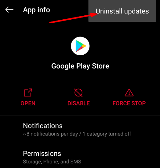 видалити оновлення google play store oneplus