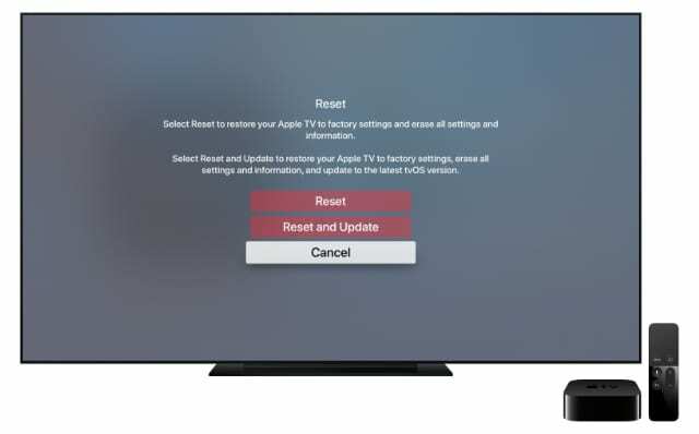 Apple TV lähtestamise ja värskendamise valikud menüüst Seaded