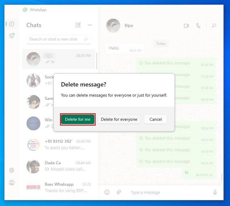 Hapus untuk saya di aplikasi WhatsApp Windows 10 atau 11